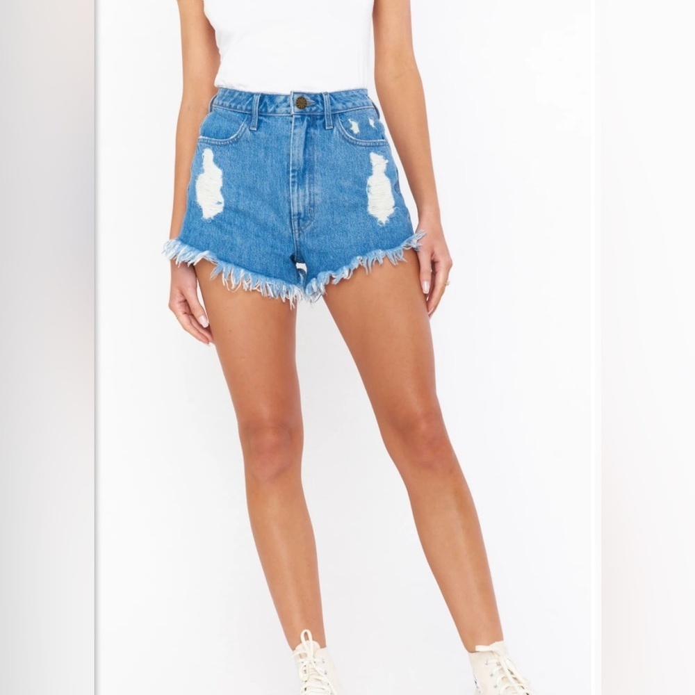 Show Me Your MuMu Wyoming Denim Frayed Hem High Rise Distressed Shorts Surf 28